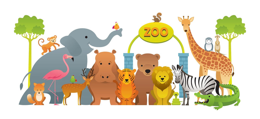 A bright, airy nursery features the Zoo Crew Wall Mural with cartoon elephant, giraffe, lion, bear, monkey, zebra, and crocodile. The room includes a crib, rocking horse, toys, soft rug, and a large window letting in natural light.