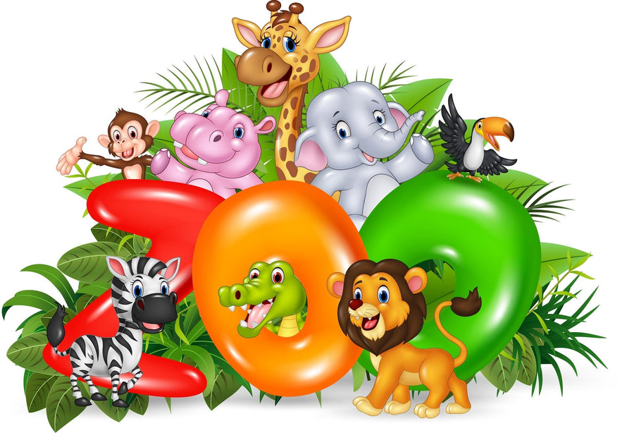 A nursery with a white crib, white dresser, potted plant, and the Zoo Friends Wall Mural of cartoon jungle animals surrounded by greenery. The room features peel and stick mural accents, wood flooring, neutral walls, and a plush rug.