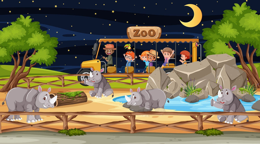 A nursery with a crib, rocking horse, and toys features the Zoo Night Safari Wall Mural, displaying cartoon koalas, trees, rocks, a pool, zoo sign, crescent moon, and stars in a vibrant nighttime zoo scene for kids and adults.