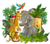 The Zoo Squad Wall Mural features vibrant cartoon animals, lush tropical plants, and two yellow buildings with red roofs—a playful peel and stick mural that’s ideal for adventurous kids’ spaces.