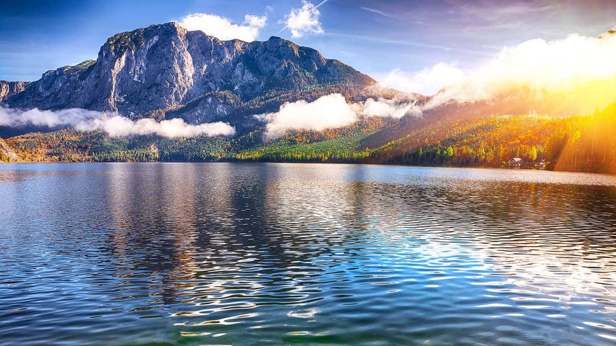 A modern bedroom with a bed, nightstands, and bench features the Lake Altausseer and Totes Gebirge Wall Mural of a lake, mountains, and sunrise. Large windows with sheer curtains, a plant, rug, and ceiling fan complete the cozy decor.