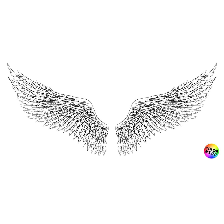 The "Color My Pegasus Wall Mural" by SIFI & FANTASY features a detailed black and white illustration of large angel wings with intricately drawn feathers. A small colorful circle in the corner invites you to "COLOR ME IN!" Ideal for custom printed or peel and stick murals.