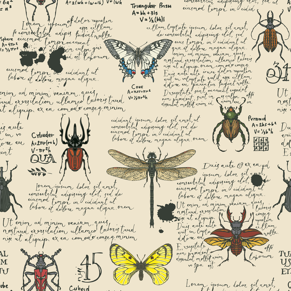 A variety of insects and handwriting come to life on a beige peel and stick wall mural from Bug Out by ANIMALS.