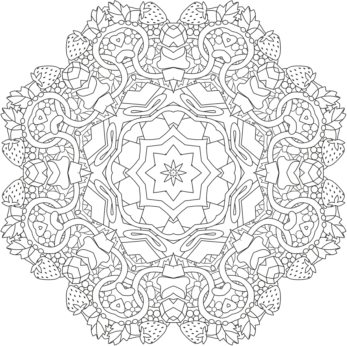 A black and white Color My Strawberry Mandala coloring page by COLOR ME IN.