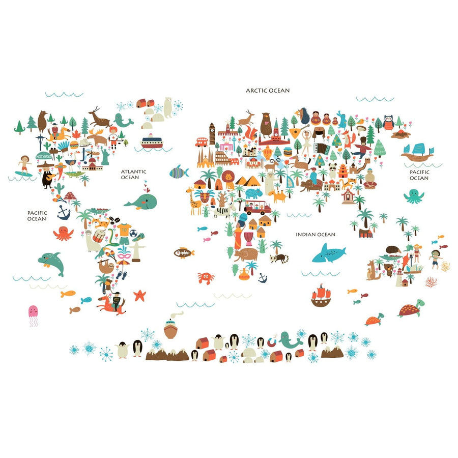 The children's room features the KIDS "Where In The World" Wall Mural above the bed, adorned with orange and gray pillows. A cozy whale-shaped cushion rests on the floor. The space includes a study desk with an orange chair, a gray toy car, and a small indoor plant by the window.