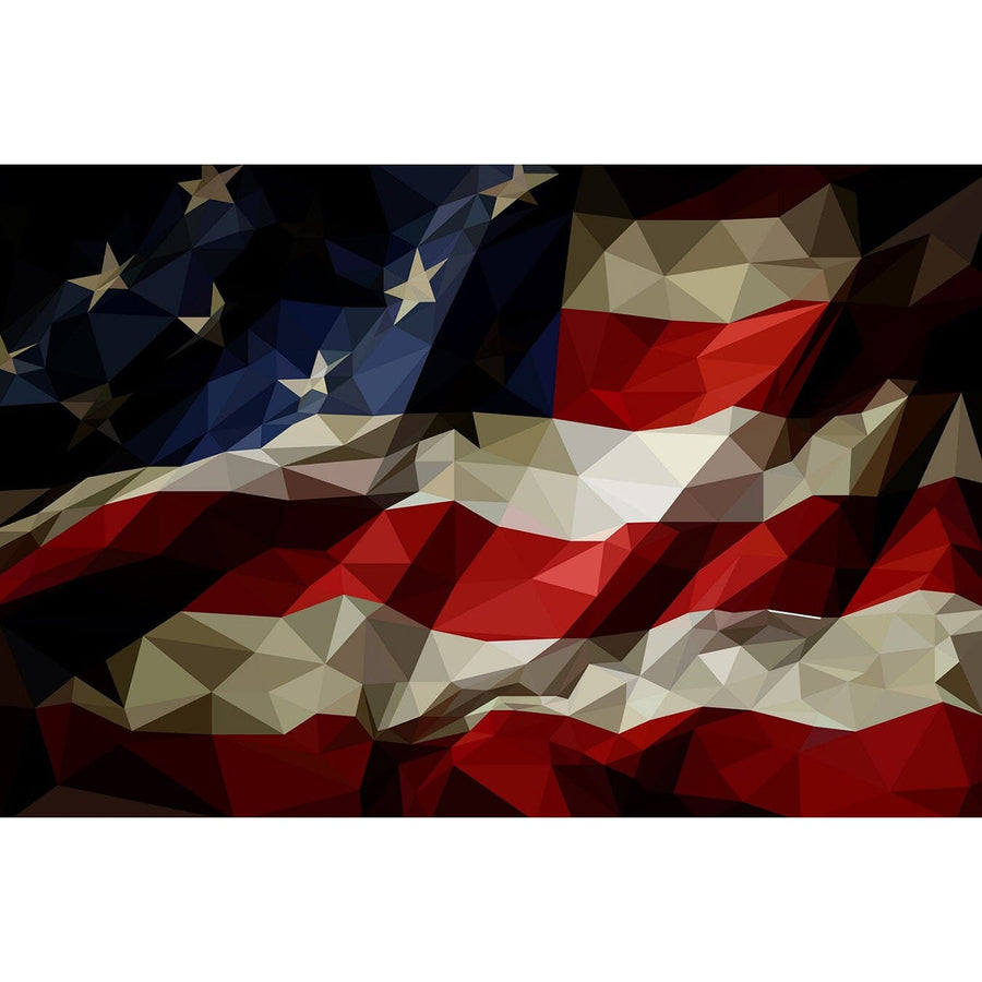 The MAPS American Flag Wall Mural features geometric, polygonal shapes with abstract stars and stripes in shades of blue, red, and white. Its faceted, mosaic-like design is ideal as a peel-and-stick mural for dynamic decor.