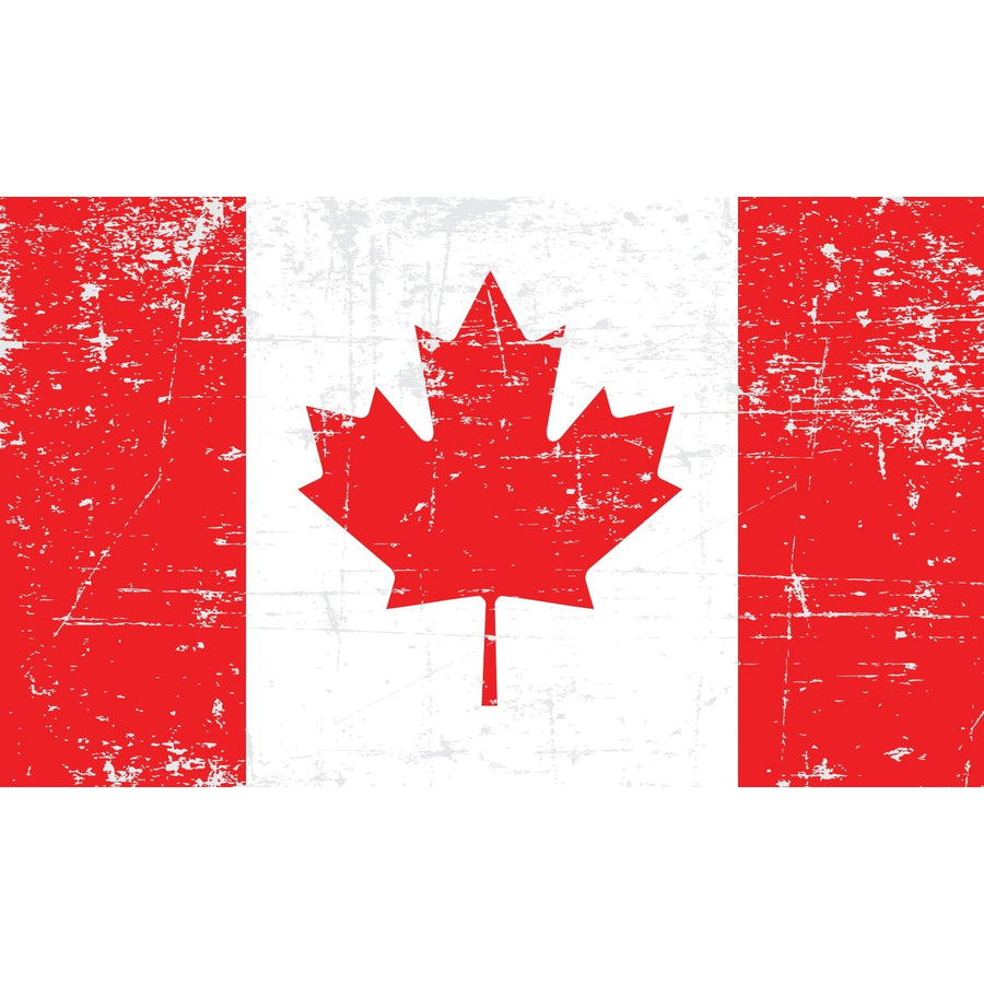 The Canada Wall Mural by MAPS features a distressed Canadian flag design with a red maple leaf on a worn white background and two vertical red bands, offering vintage charm perfect for adding character to any interior space as an easy peel and stick decor.