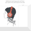 A peel and stick wall mural of a woman with BREAKBEAT headphones on her head and MURAL EXTENSION PANELS.