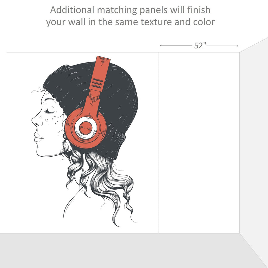 A peel and stick wall mural of a woman wearing BREAKBEAT headphones.