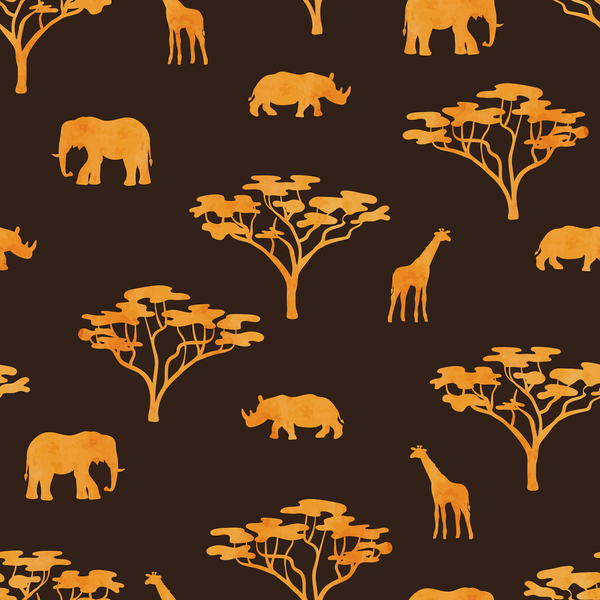 ANIMALS: A wall mural featuring giraffes, elephants, and zebras on a brown background.