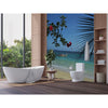 A beach-themed bathroom featuring peel and stick wall murals of Island Escape and palm trees.